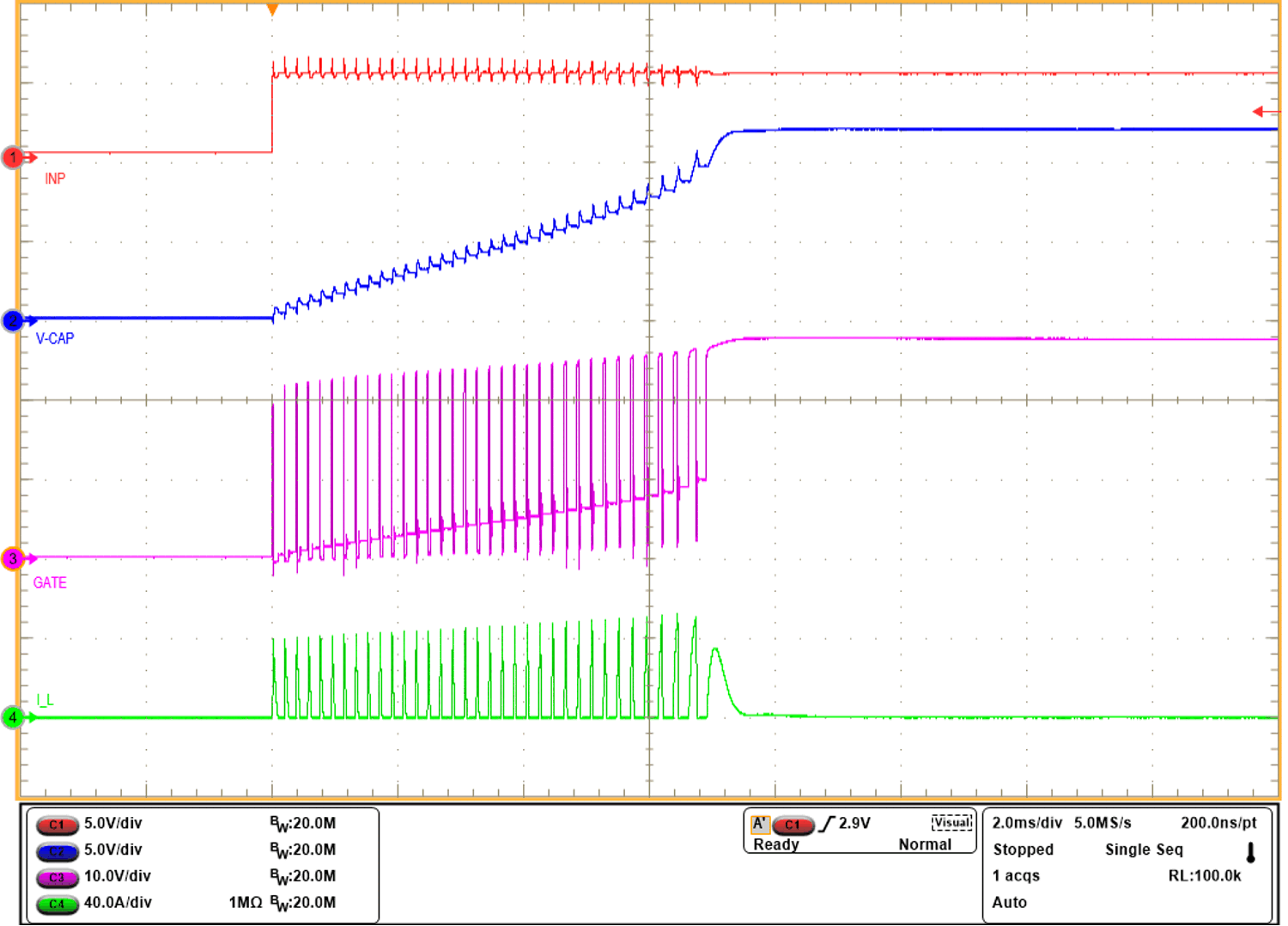  在切換模式下使用 TPS1211-Q1，以 5mF 負(fù)載電容啟動(dòng)。