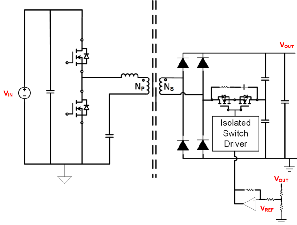  顯示具有可重新設(shè)定整流器的 LLC 轉(zhuǎn)換器，該整流器可重新設(shè)定為全橋或電壓倍增器。來(lái)源：德州儀器