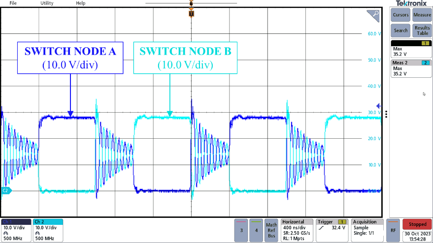  傳統(tǒng)配置下的一次側(cè)切換節(jié)點(diǎn)（400ns/div）。來(lái)源：德州儀器