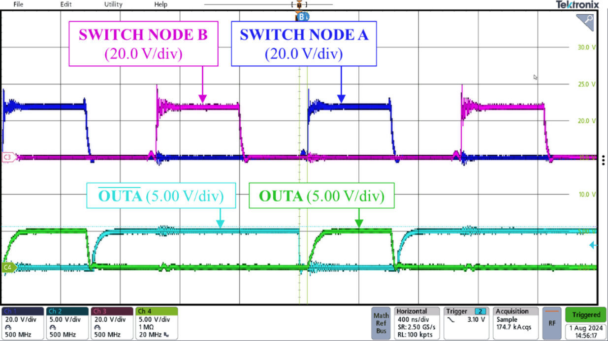  互補(bǔ) PWM 配置下的一次側(cè)切換節(jié)點(diǎn)（400ns/div）。來(lái)源：德州儀器