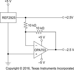 REF2912 REF2920 REF2925 REF2930 REF2933 REF2940 TEF2925_Combined_with_OPA703_Create_Pos_and_Neg_Ref_Coltages_SBVS033C.gif