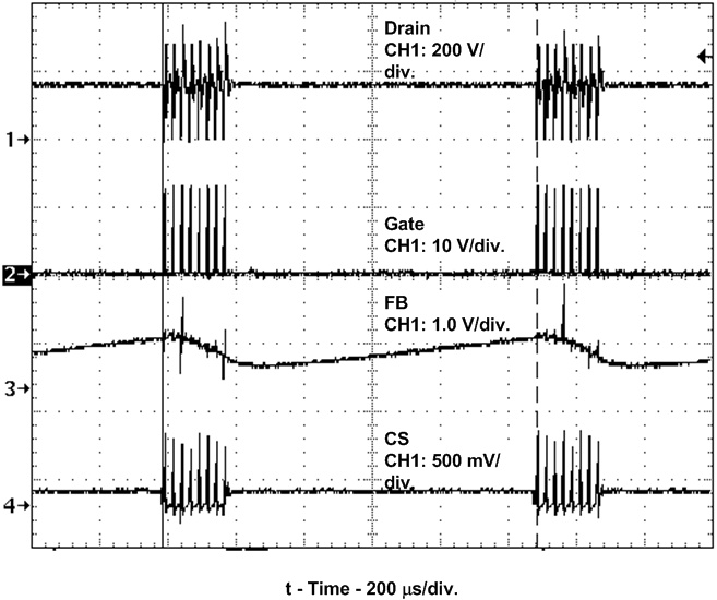 UCC28600 Green Mode Showing
Frequency of Burst Packets, 900 Hz Apart, 3% Full-Rated Load UCC28600 fig15k_lus646.gif