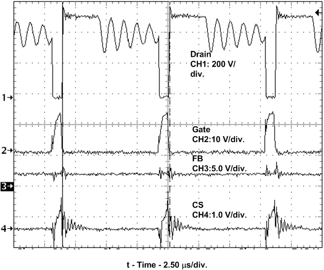 UCC28600 Frequency Foldback
Mode, 115-kHz Switching, 24% Full-Rated Load UCC28600 fig16k_lus646.gif