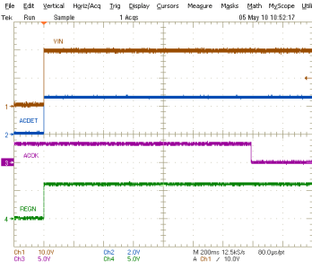 bq24707 bq24707A VCC, ACDET, REGN and
ACOK Power Up (bq24707) bq24707 bq24707A tc1_lusa78.gif