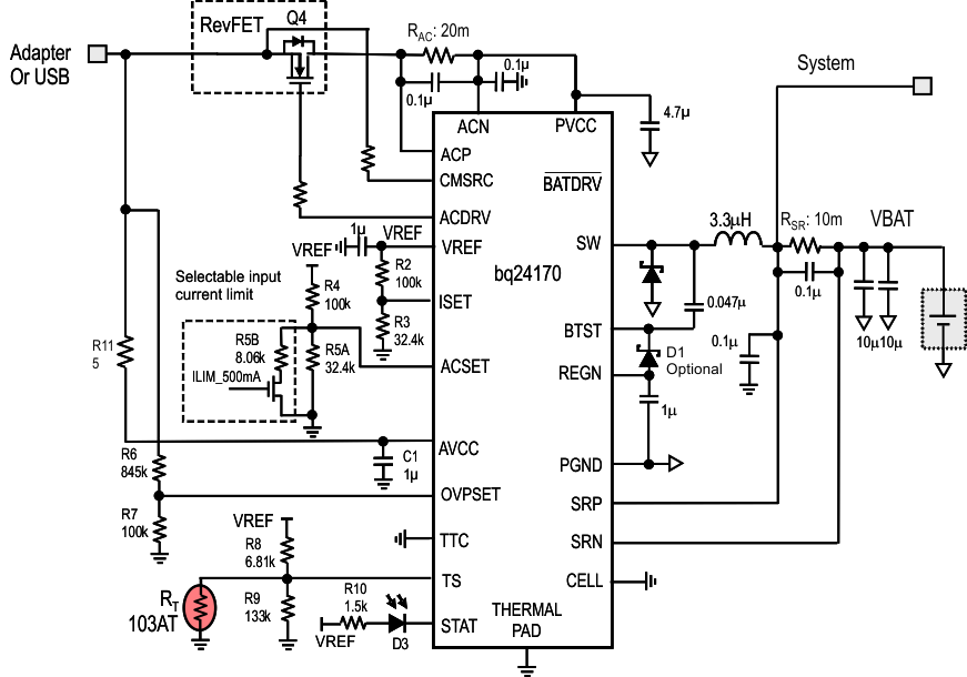 bq24170 bq24172 Typical Application
Schematic With Single-Cell Unremovable Battery bq24170 bq24172 typ_app3_lusad2.gif