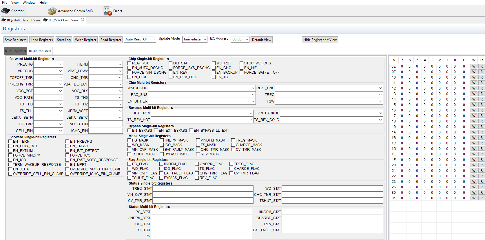 BQ25690EVM Field View of 8 Bit and 16 Bit Register Tabs of BQ2569x EVM Software BQ25690EVM Field View of 8 Bit and 16 Bit Register Tabs of BQ2569x EVM Software