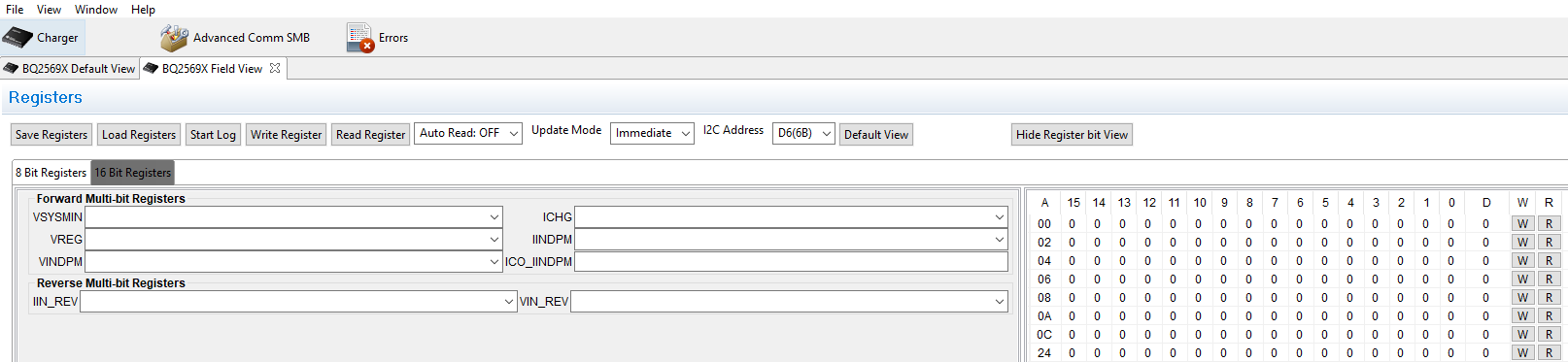 BQ25690EVM Field View of 8 Bit and 16 Bit Register Tabs of BQ2569x EVM Software