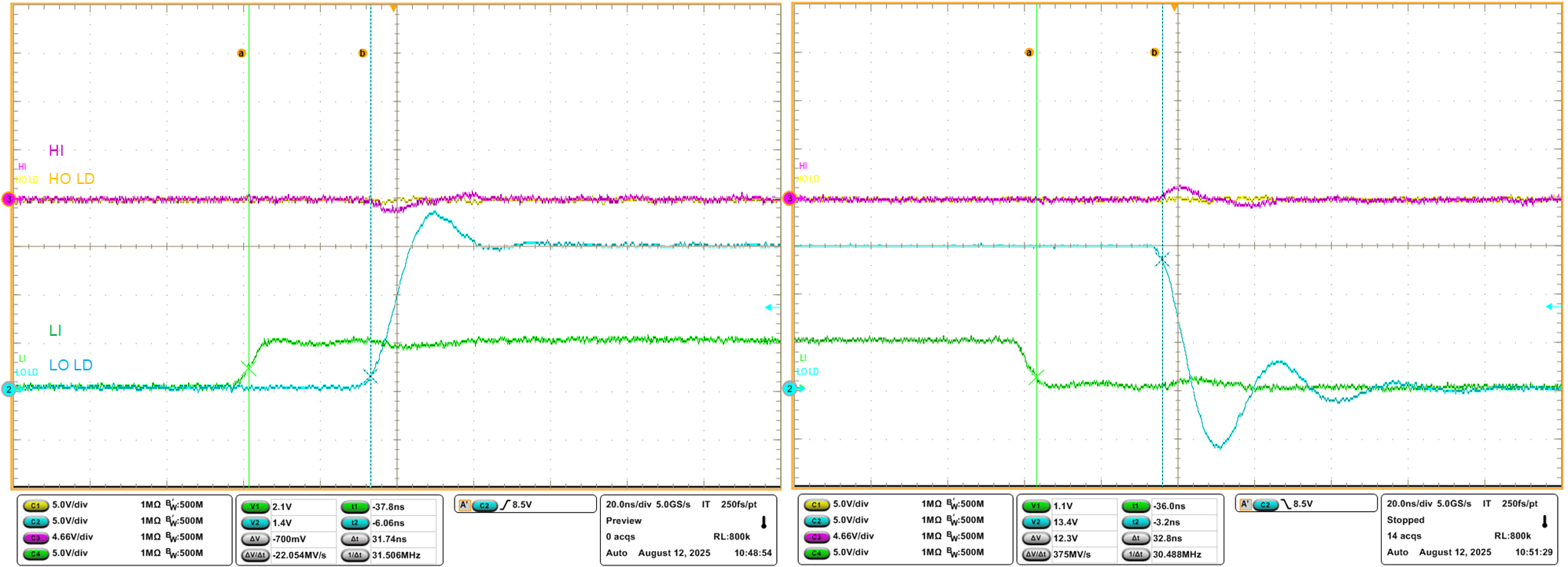 UCC27735Q1EVM LI and LO Propagation Delay
                    Waveforms (Green and Magenta are PWM Inputs, Yellow and Blue are Driver
                    Outputs)