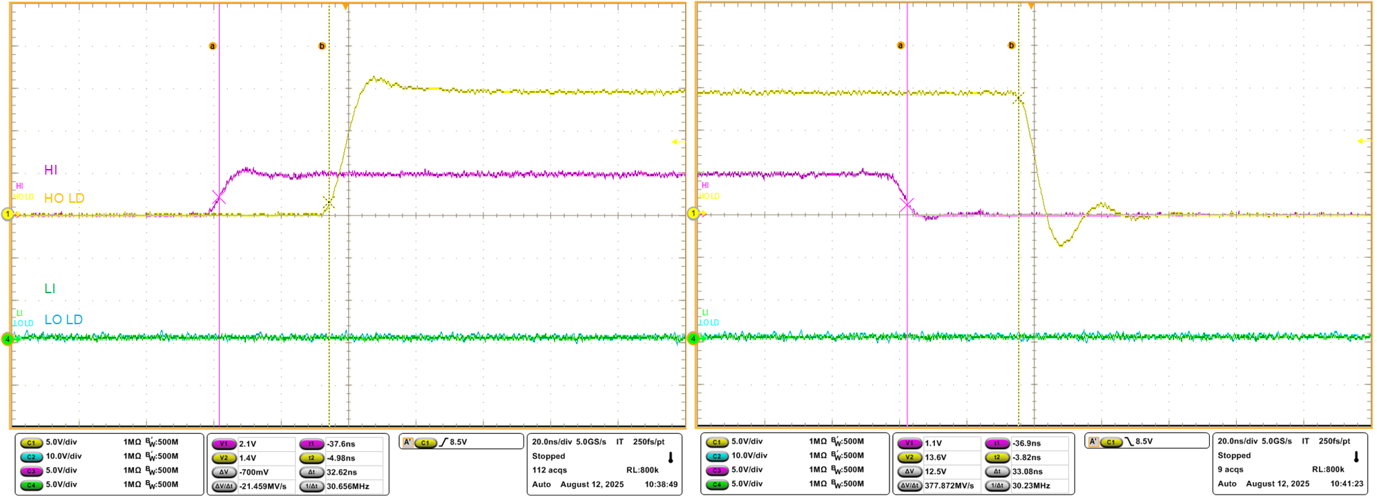 UCC27735Q1EVM HI and HO Propagation Delay
                    Waveforms (Green and Magenta are PWM Inputs, Yellow and Blue are Driver
                    Outputs)