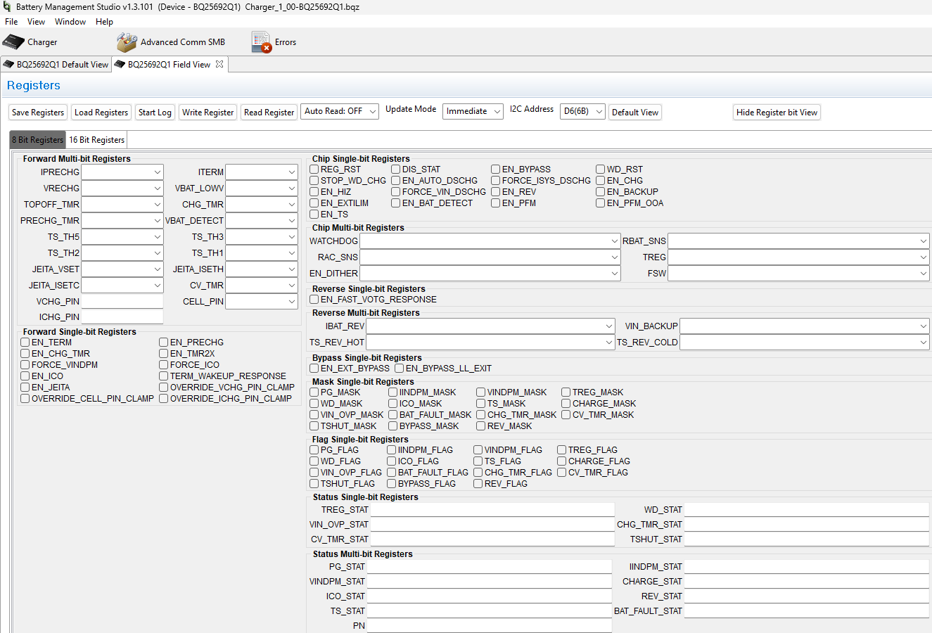 BQ25692EVM, BQ25692-Q1EVM Field View of 8 Bit and 16 Bit
                    Register Tabs of BQ25692-Q1 EVM Software