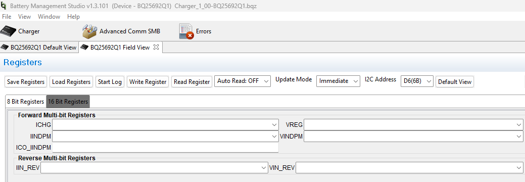 BQ25692EVM, BQ25692-Q1EVM Field View of 8 Bit and 16 Bit
                    Register Tabs of BQ25692-Q1 EVM Software