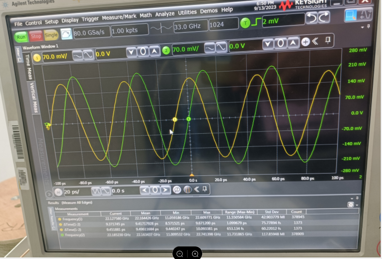 LMX2820 在 DSO-X 93304Q 示波器上捕獲兩個 LMX2820 的輸出