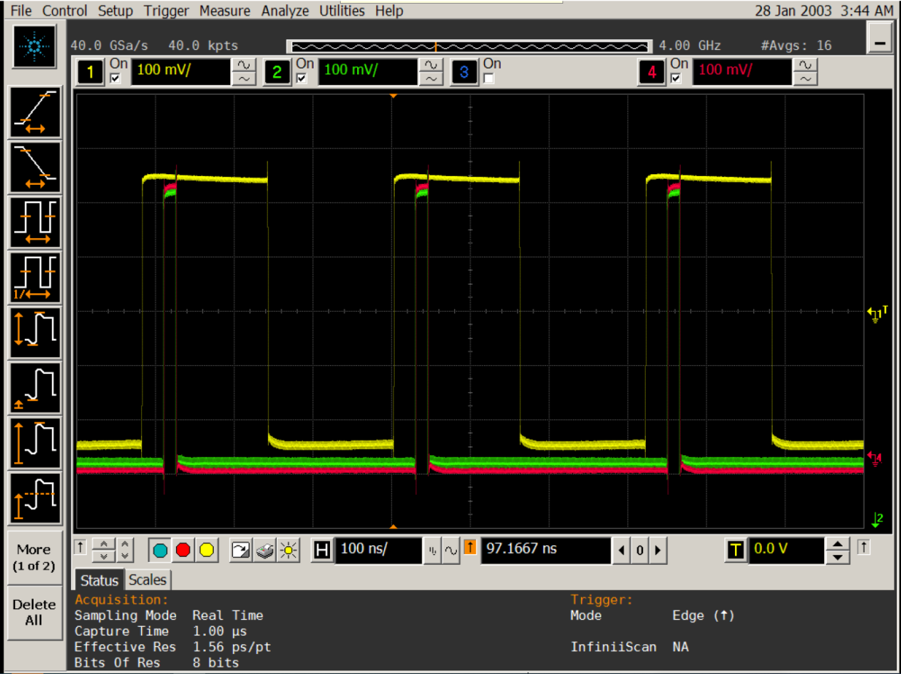  Primary 處于連續(xù)模式時，Secondary1 和 Secondary2 在脈沖模式下的同步波形。