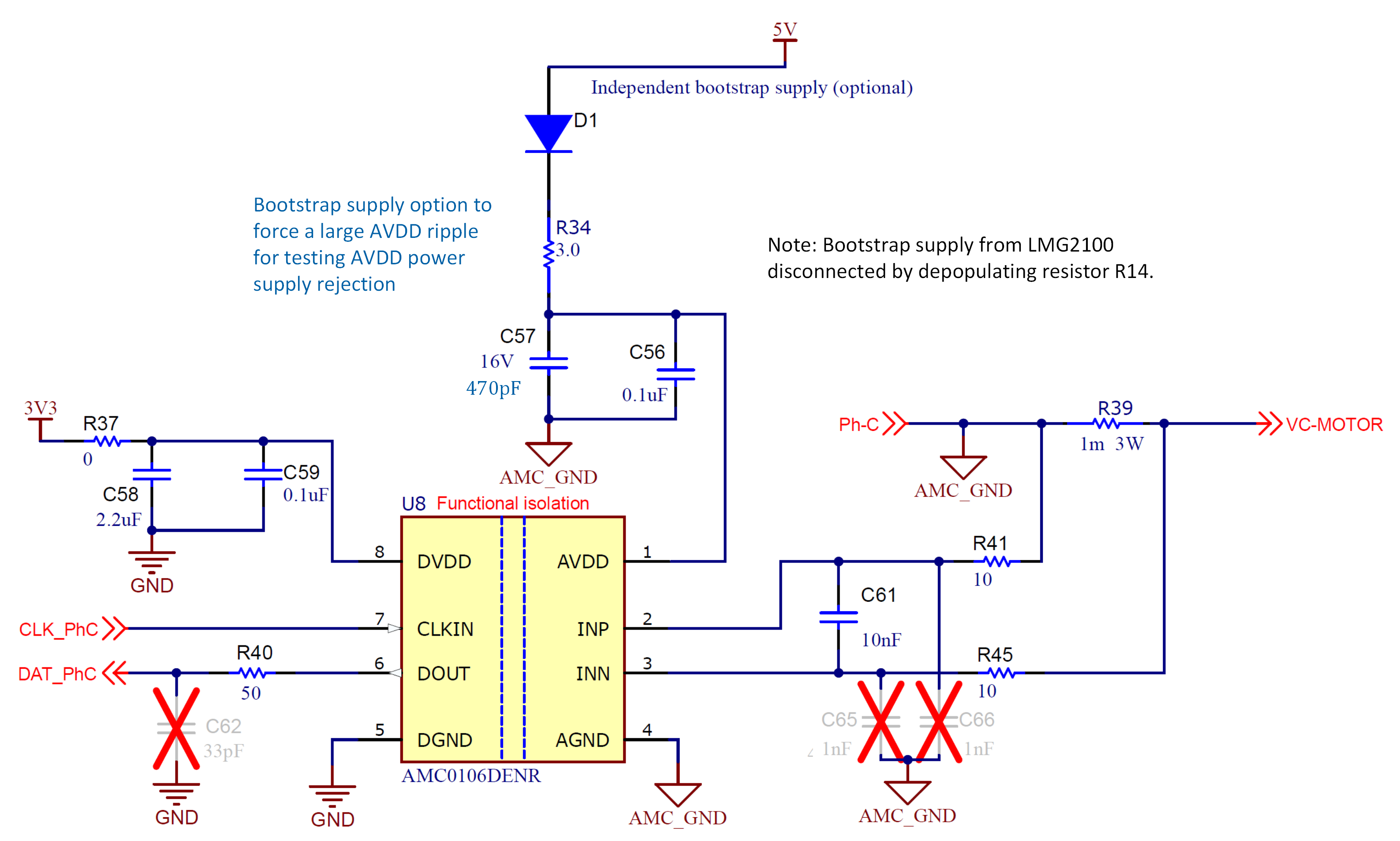  用于此測(cè)試的 AMC0106M06 AVDD 自舉配置