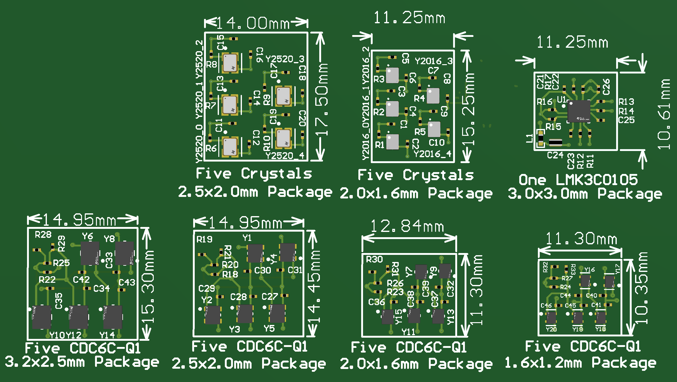  五晶振、五個(gè) CDC6C-Q1 和 LMK3C0105-Q1 封裝比較