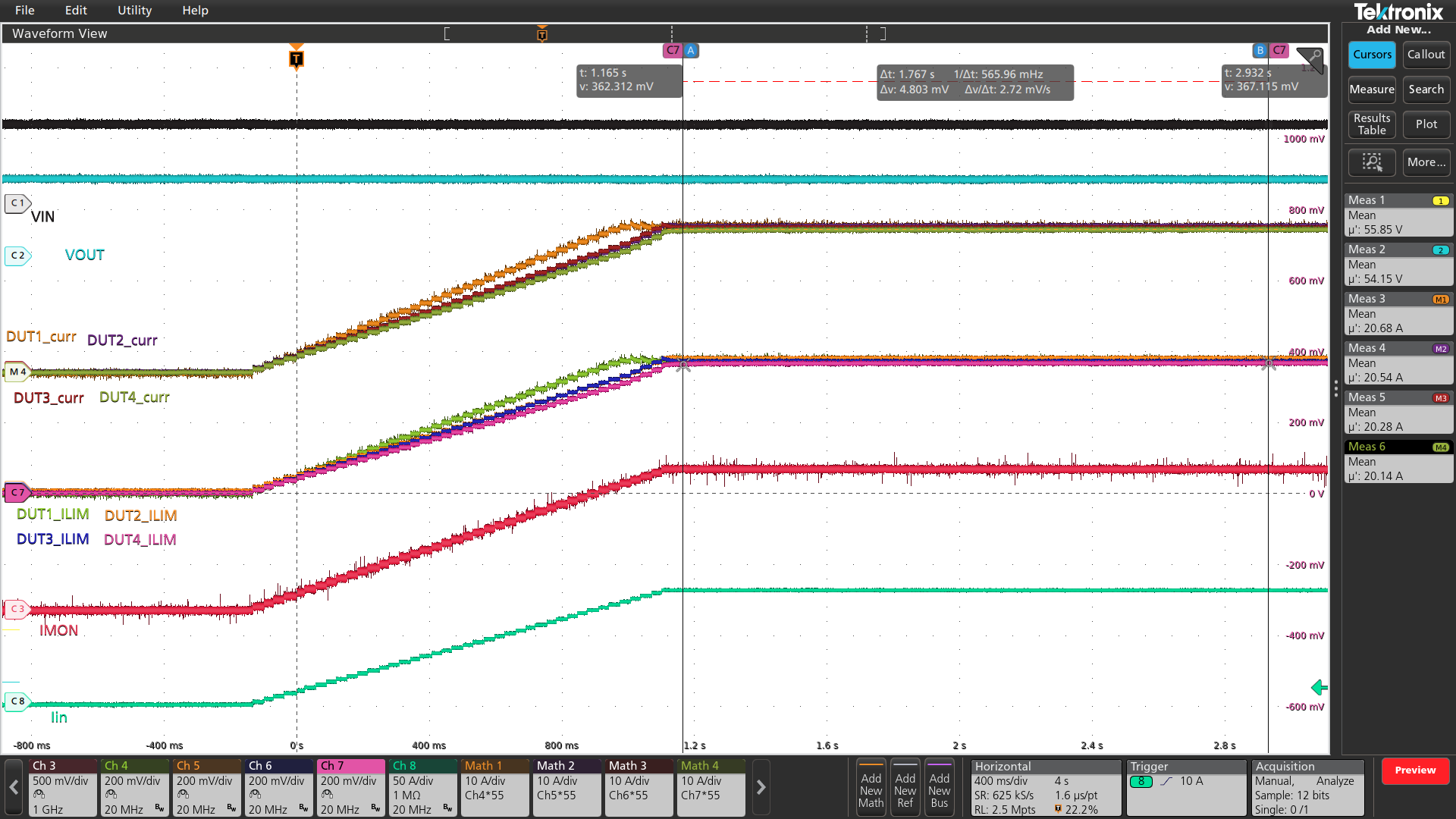  4 個(gè)具有 ACS 的 TPS1685 電子保險(xiǎn)絲之間的均流