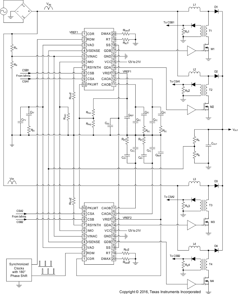 UCC28070 UCC28070A Simplified
          Four-Phase Application Diagram Using Two UCC28070A Devices