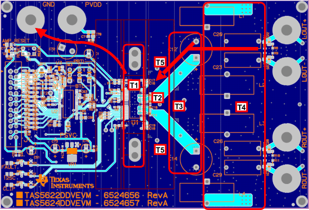 TAS5622A Printed Circuit Board -
Top Layer TAS5622A pcb_topassy_las844.gif