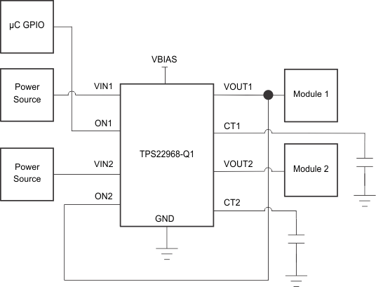 TPS22968-Q1 Power Sequencing
Without a GPIO Input Schematic TPS22968-Q1 pwr_seq_without_LVSCP7.gif