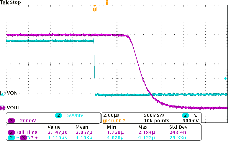 TPS22963C TPS22964C Turn-Off Response Time
(VIN = 1 V, CIN = 1 µF, COUT =
0.1 µF, ROUT = 10 ?) TPS22963C TPS22964C Toff_Tfalll_VIN_1p0V_CIN_1uF_COUT_0p1uF_RLOAD_10ohms_Unit42_Figure18.png