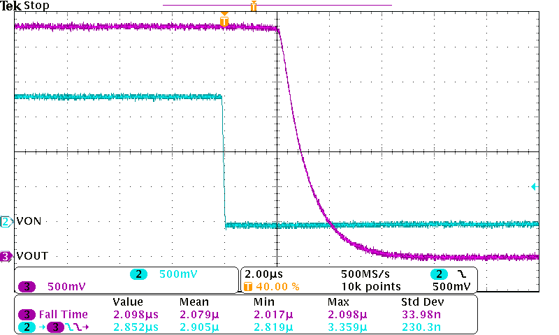 TPS22963C TPS22964C Turn-Off Response Time
(VIN = 3.3 V, CIN = 1 µF, COUT
= 0.1 µF, ROUT = 10 ?) TPS22963C TPS22964C Toff_Tfalll_VIN_3p3V_CIN_1uF_COUT_0p1uF_RLOAD_10ohms_Unit42_Figure8.png