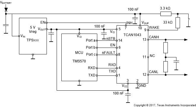 TCAN1043-Q1 TCAN1043H-Q1 TCAN1043HG-Q1 TCAN1043G-Q1 Typical CAN Bus Application Using
                    TCAN1043xx-Q1 With 5V μC