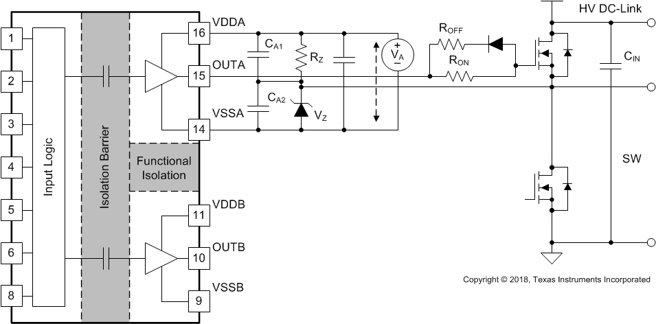 UCC21540 UCC21540A UCC21541 UCC21542 利用 ISO 偏置電源輸出上的齊納二極管生成負(fù)偏置