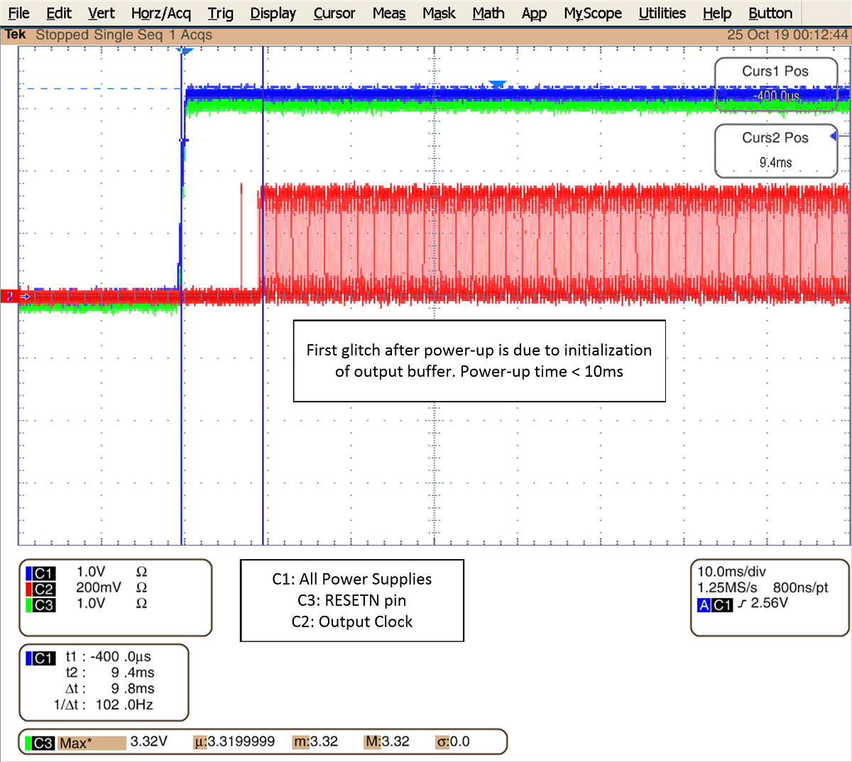 CDCE6214-Q1 所有電源 = 3.3V，VDD 斜坡時(shí)間 = 1ms