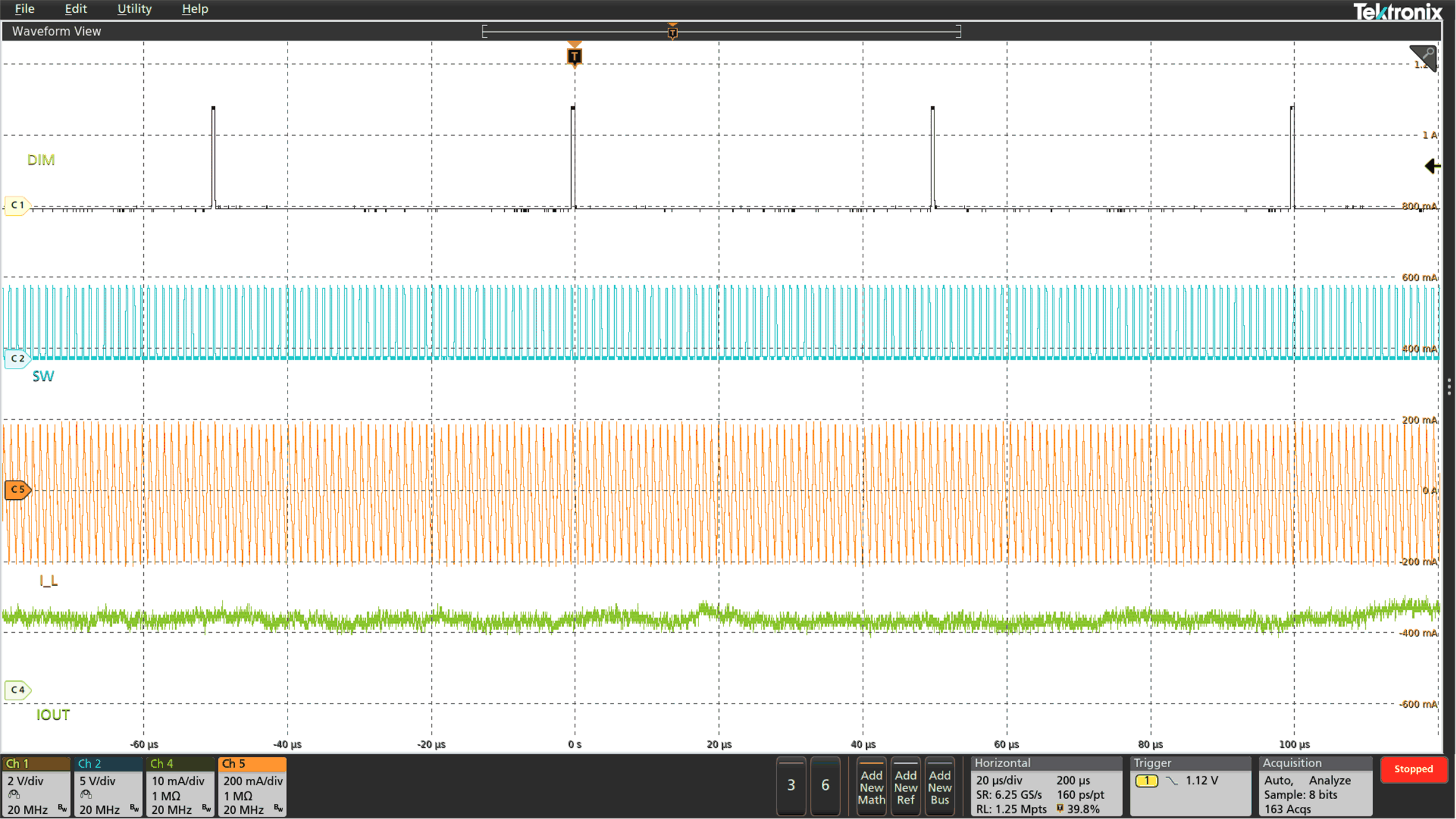 LED
Analog Dimming at 1% Duty Cycle and 20 kHz GUID-3E6A5205-5808-4EC7-A1E4-47AD0E887201-low.gif