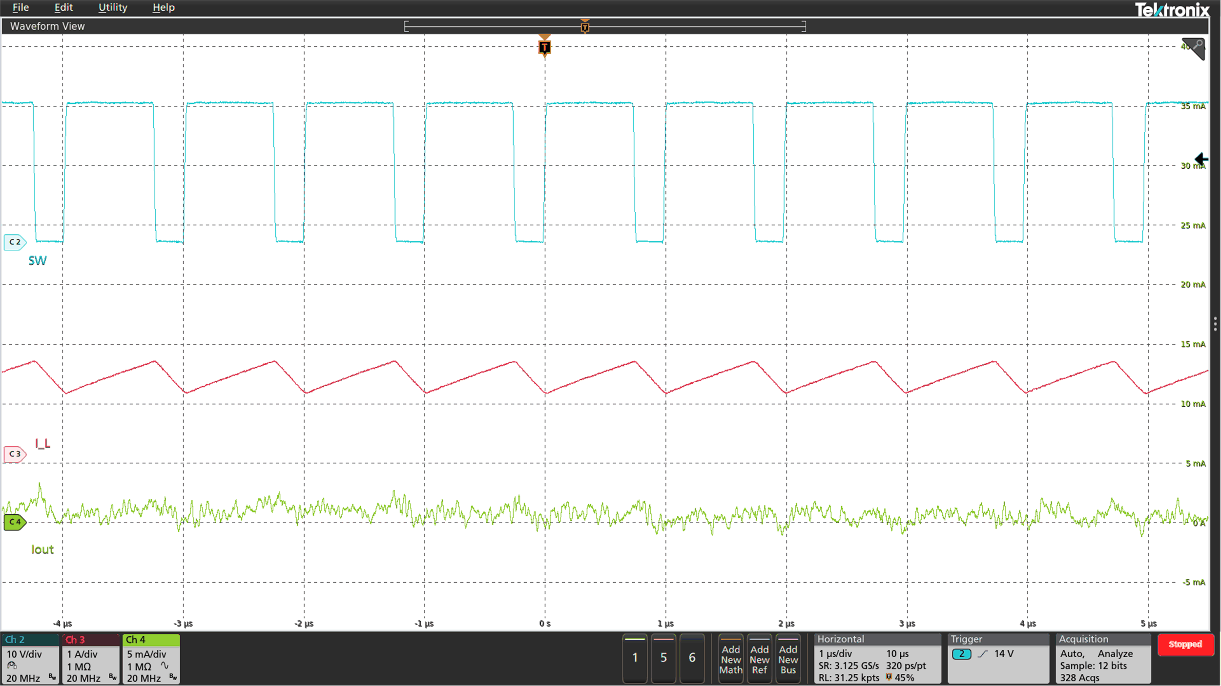 LED Current Ripple at 100% Duty Cycle and 500 Hz GUID-4F32AE98-E550-470F-96AA-21F314F3F43A-low.gif