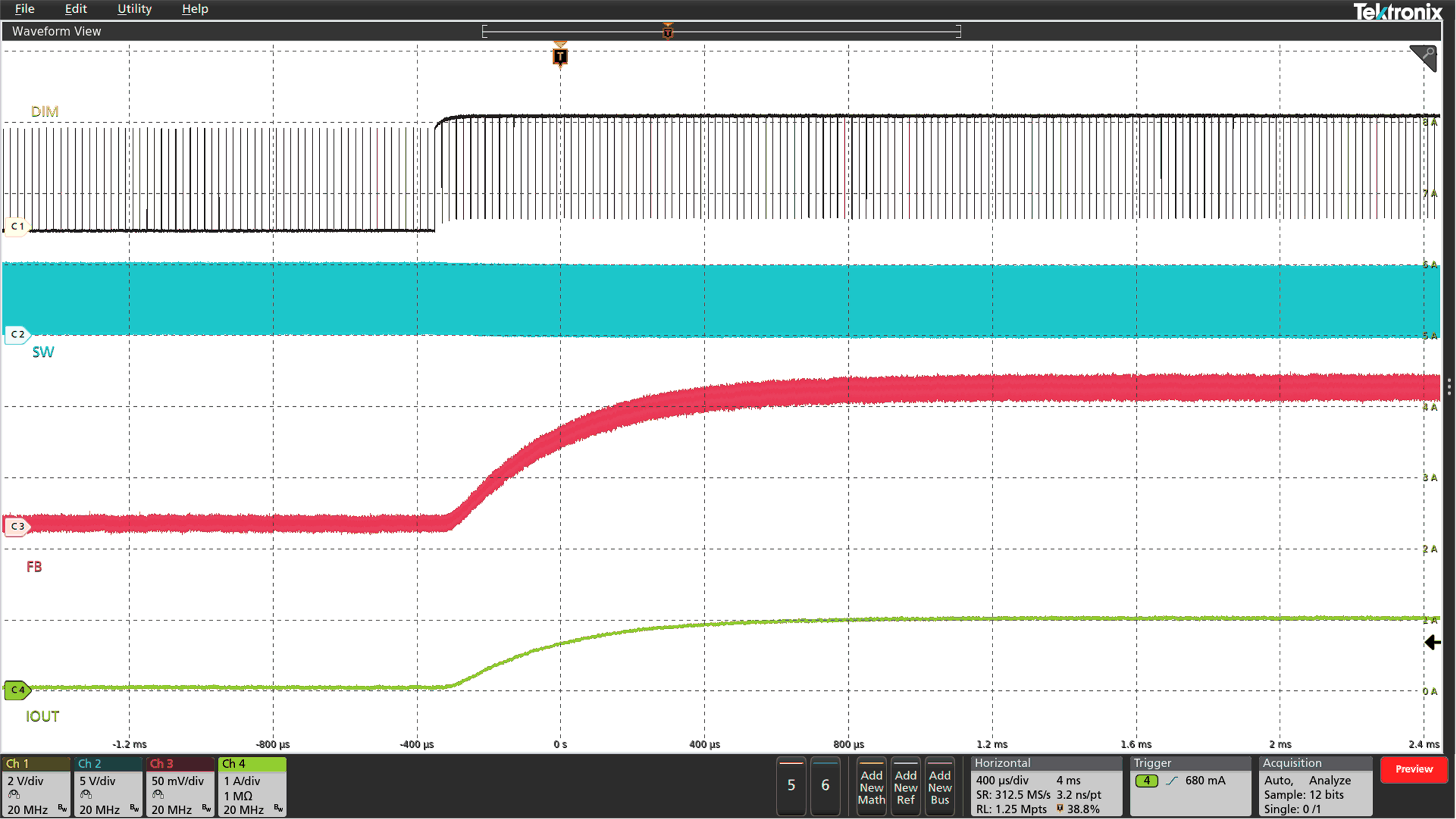 LED
Current Transient From 1% to 100% Duty Cycle at 50 kHz GUID-5C183571-B2E4-473D-986E-D9CDDEB7403A-low.gif