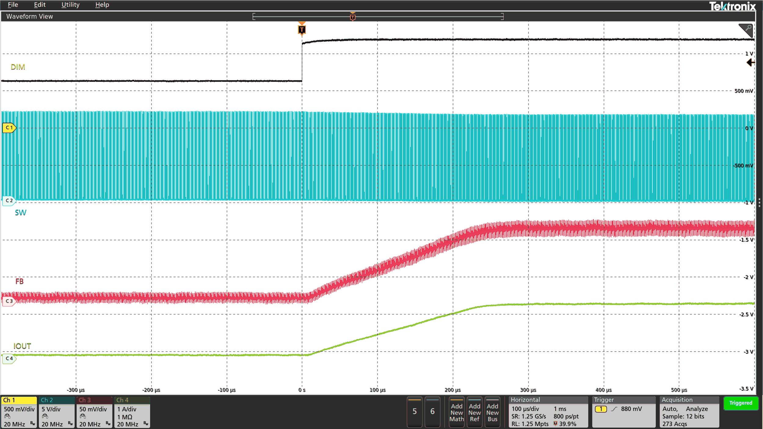 LED
Current Transient for a VDIM Transition From 0.65 V to 1.2
V GUID-5DD73EF3-F286-465F-8AF1-D39EF2AA8E8F-low.gif