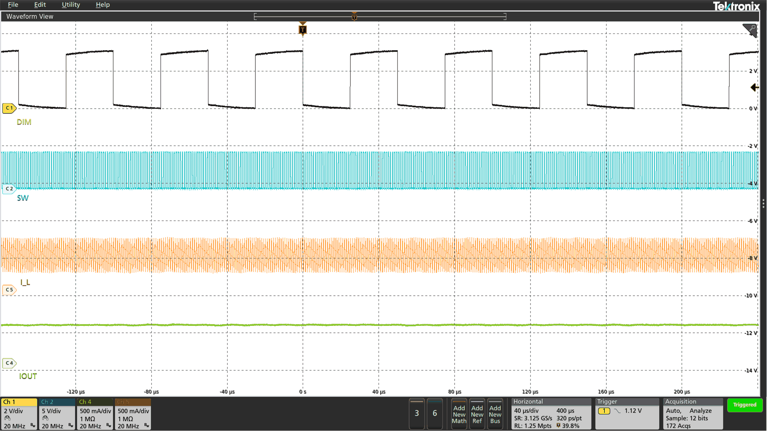LED
Analog Dimming at 50% Duty Cycle d 20 kHz GUID-6C032E96-BAB3-4FAA-A4B6-45972549B722-low.gif