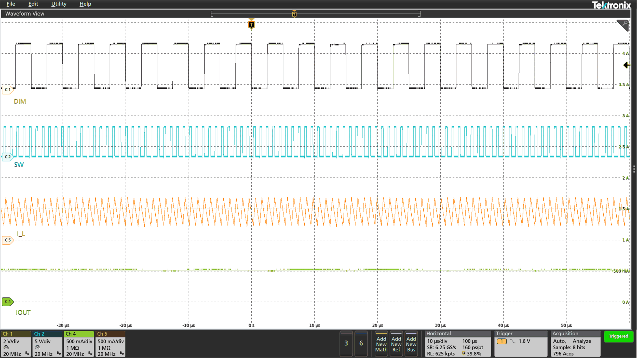 LED
Analog Dimming at 50% Duty Cycle and 200 kHz GUID-732D35C1-194B-4A4D-A92E-251E04BC181F-low.gif