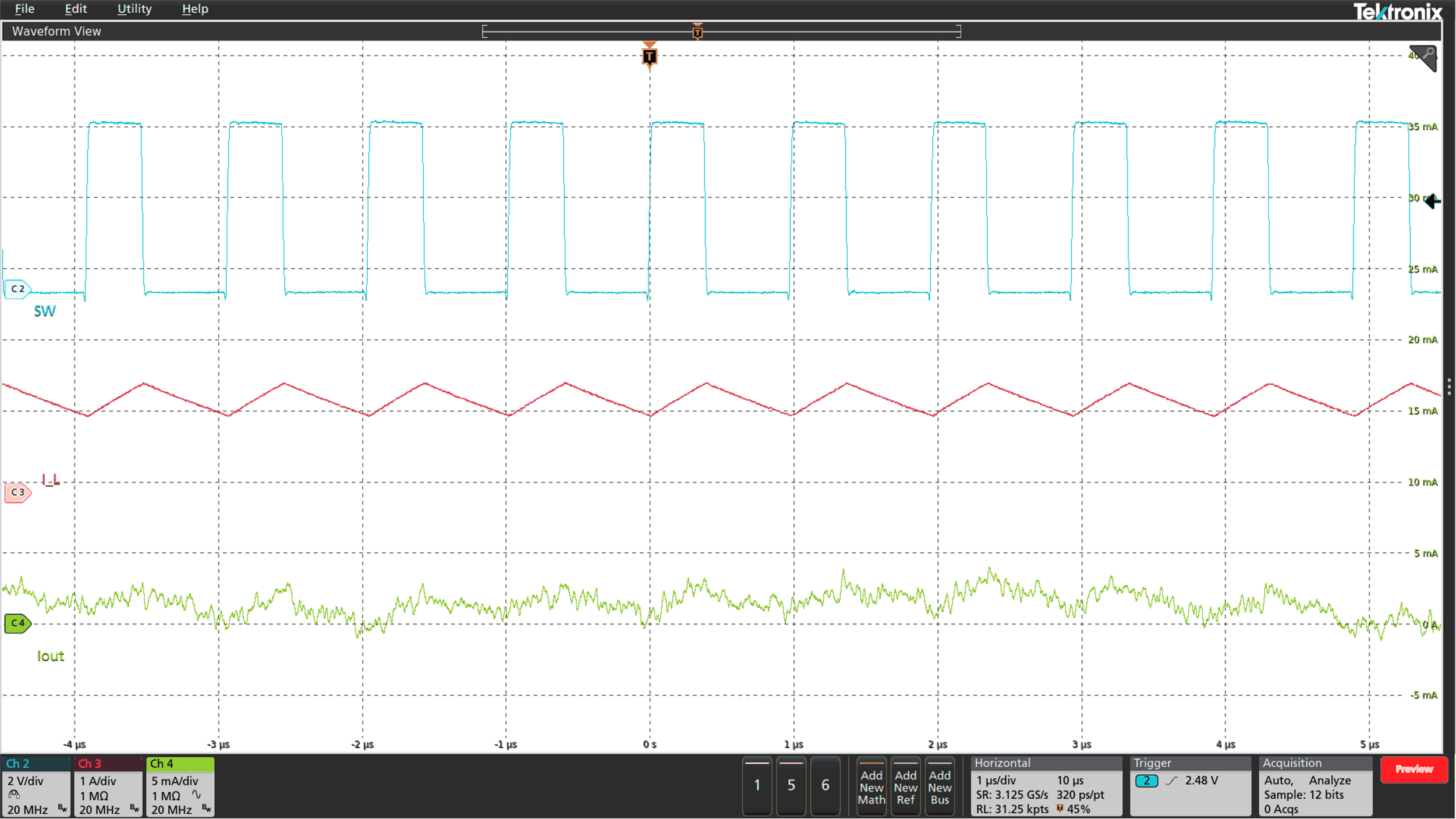 LED
Current Ripple at 100% Duty Cycle and 50 kHz GUID-ED30C90A-9737-4886-80F7-7D709E802CEE-low.gif
