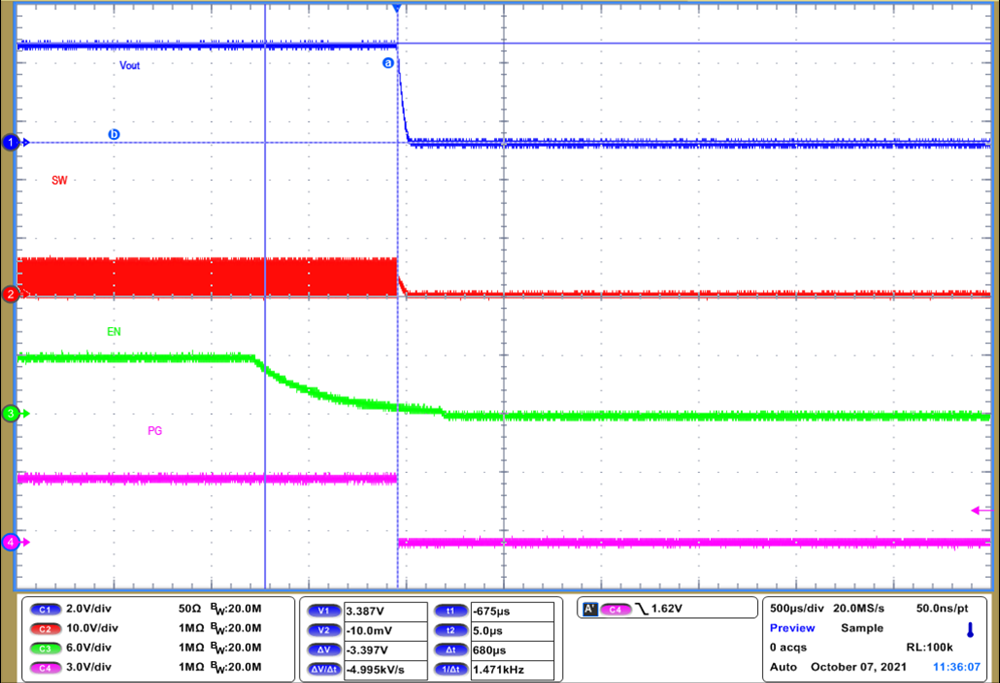 TPS629211-Q1 Shutdown Timing with Output
Discharge Disabled GUID-20220105-SS0I-VGLV-1LGF-KZF9WF9GZNN0-low.png