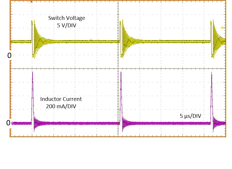 LM63610-Q1 典型 PFM 開關(guān)波形，VIN = 12V，VOUT = 5V，IOUT = 10mA