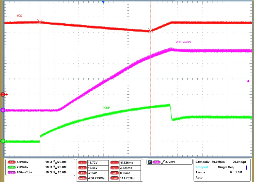 UCC28C50-Q1 UCC28C51-Q1 UCC28C52-Q1 UCC28C53-Q1 UCC28C54-Q1 UCC28C55-Q1 UCC28C56H-Q1 UCC28C56L-Q1 UCC28C57H-Q1 UCC28C57L-Q1 UCC28C58-Q1 UCC28C59-Q1 VOUT Soft Starting at 800 VIN, 40 W GUID-20221021-SS0I-NB0M-B70Z-WCTHSXJWKTLS-low.png