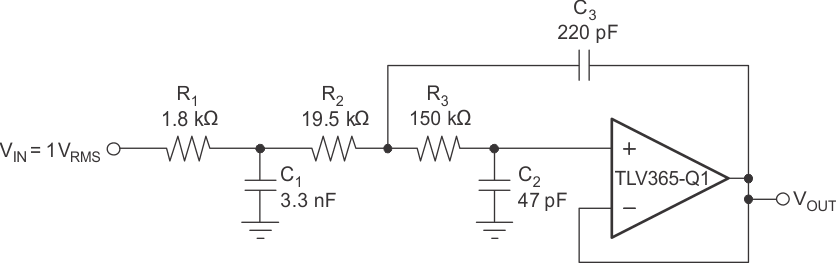 TLV365-Q1 TLV2365-Q1 配置為三級 20kHz Sallen-Key 濾波器