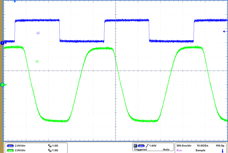 THVD4411 1Mbps 和 VCC = 3.3V 時(shí)的 RS-232 驅(qū)動器波形 THVD4411 1Mbps 和 VCC = 3.3V 時(shí)的 RS-232 驅(qū)動器波形