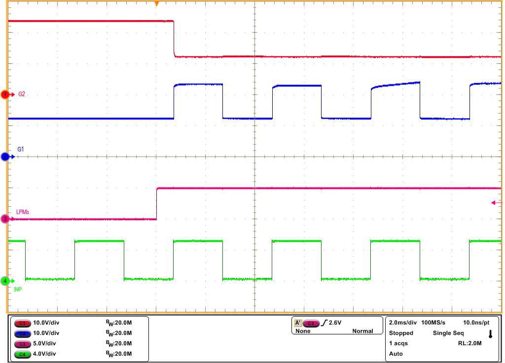 TPS1213-Q1 當(dāng) LPM = 低電平到高電平時(shí)，INP 獲得對(duì) G1 的控制（VIN = 12V，無負(fù)載）