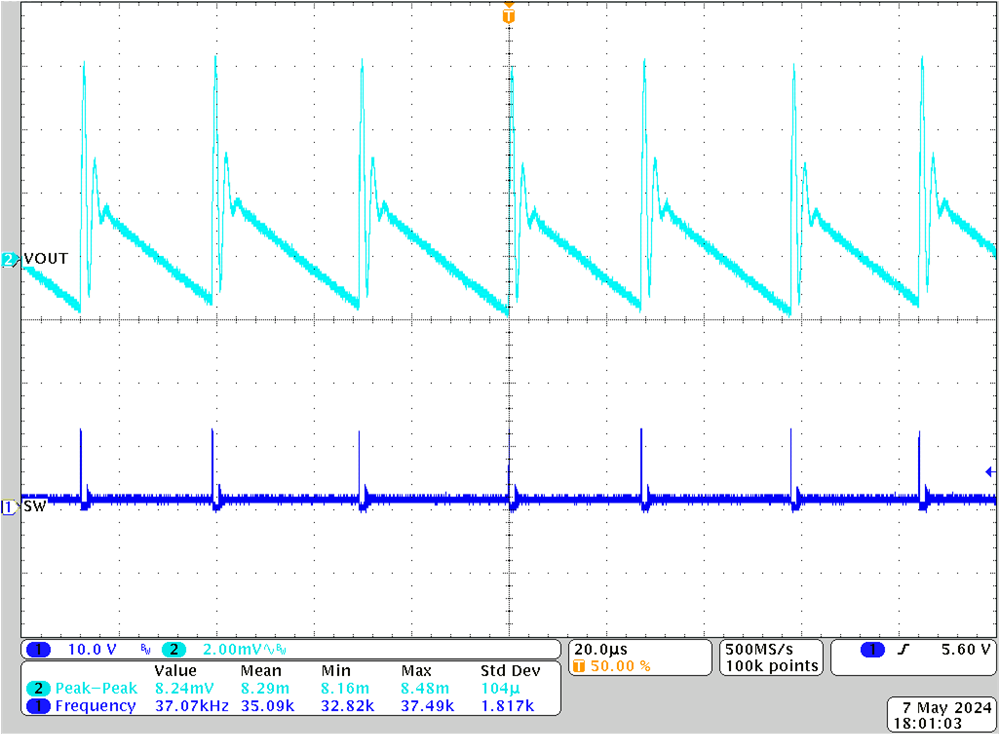 TPS546B26 輸出電壓紋波，1.2V Vout，800kHz DCM，空載