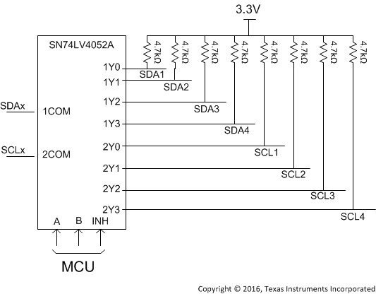 SN74LV4052A 典型的 I2C 多路復(fù)用應(yīng)用