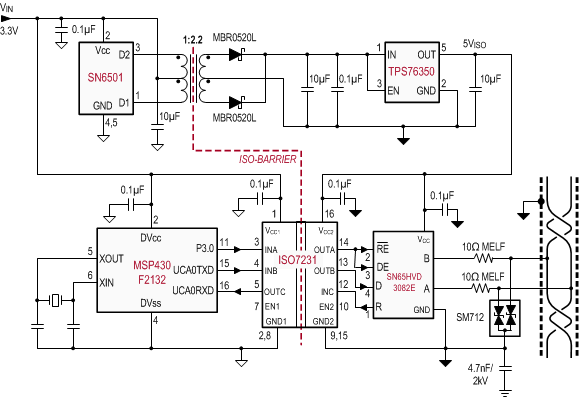 ISO7230C ISO7231C ISO7231M 隔離式 RS-485 應用電路