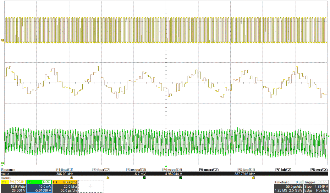 LM61480T-Q1 LM61495T-Q1 具有紋波消除功能時(shí)的輸出紋波，圖中顯示了 VSW（頂部）、FSW（中間）、VOUT（底部）