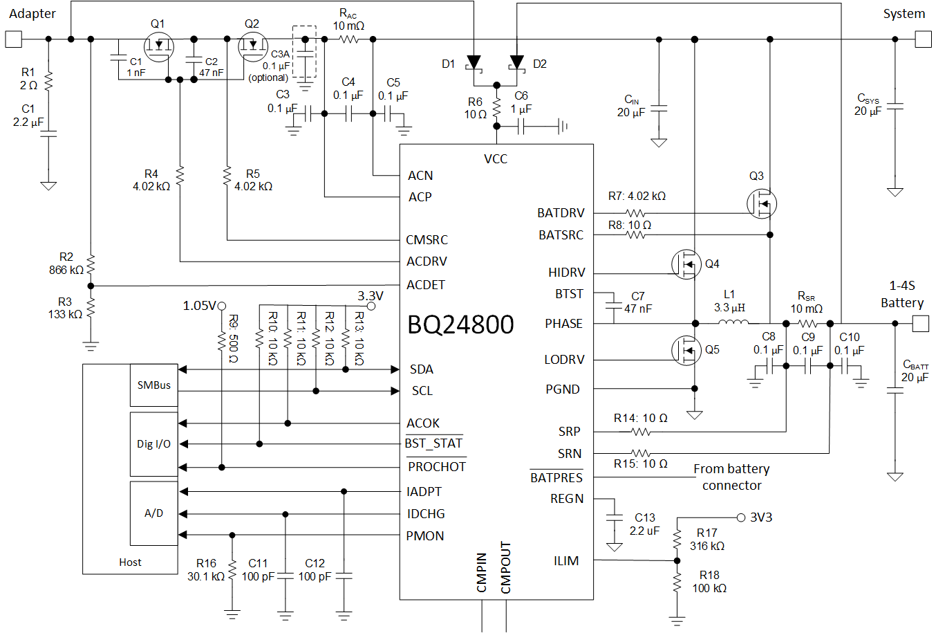 BQ24800 從 BQ24780S 遷移的典型系統(tǒng)原理圖。不支持僅電池升壓。