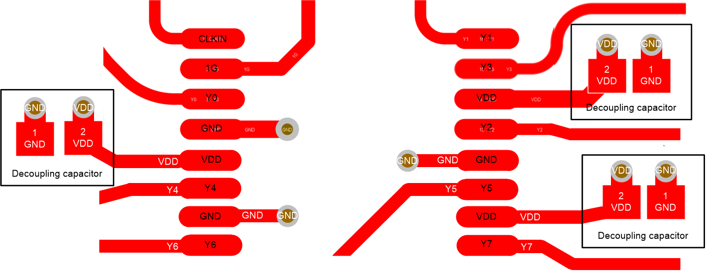 LMK1C1102A LMK1C1103A LMK1C1104A LMK1C1106A LMK1C1108A 14 引腳和 16 引腳 PW 器件的布局示例