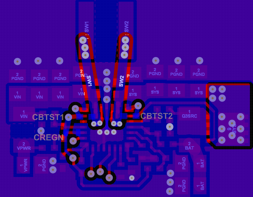 BQ25692-Q1 2 層 PCB 布局示例的底層 — 藍(lán)色/紫色表示 GND