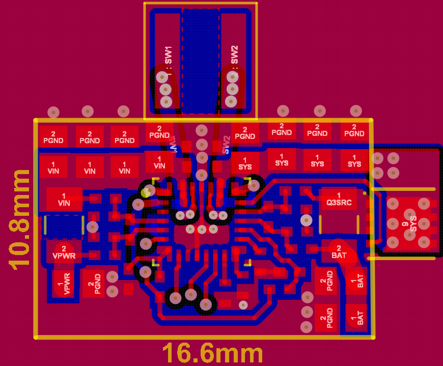 BQ25692-Q1 2 層 PCB 布局示例的頂層 — 紅色表示接地