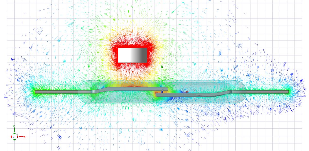  簧片開關(guān)的仿真響應(yīng)，顯示了兩片簧片尖端之間的集中磁通密度